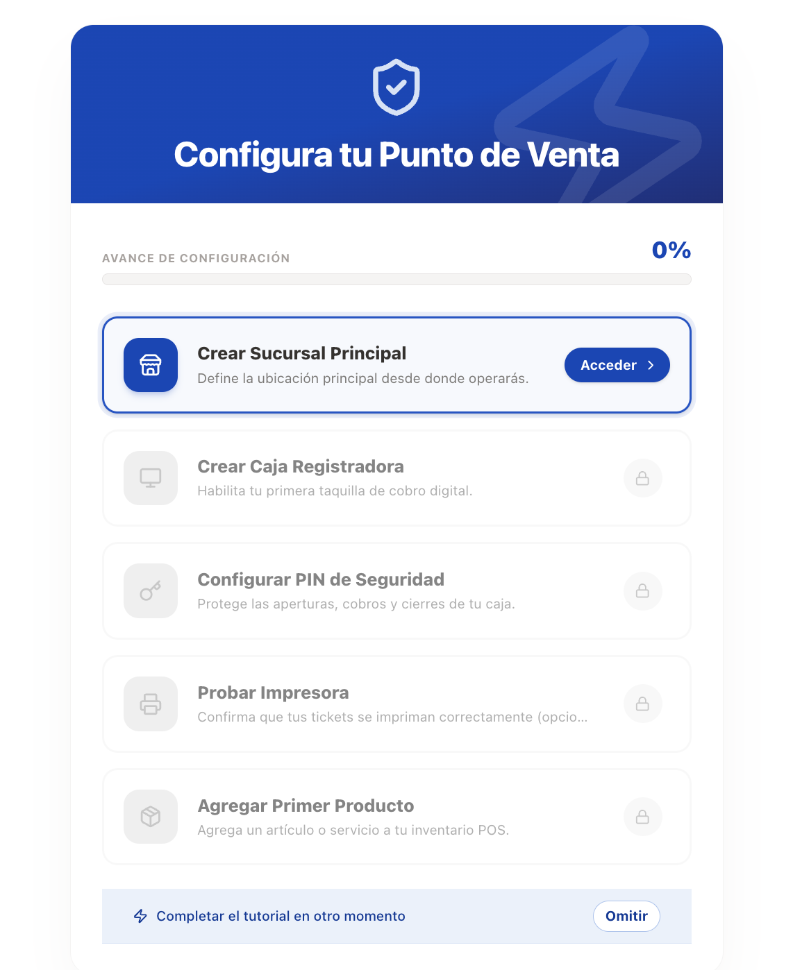 Asistente de configuracion con los 5 pasos