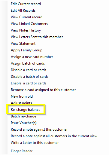 Re-charge Balance Context Menu Option
