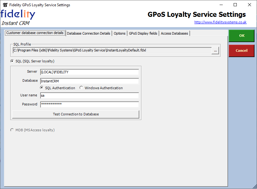 GPoS Loyalty Service - Customer Database Connection Details