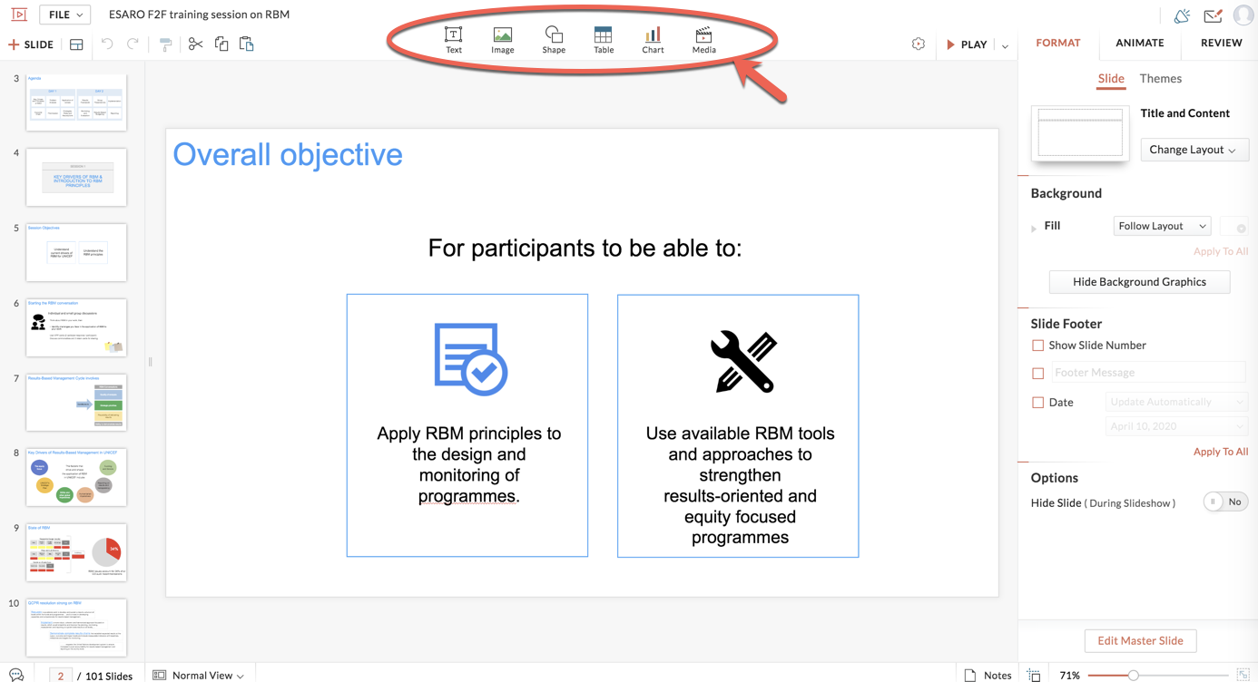 Insert elements in slides 