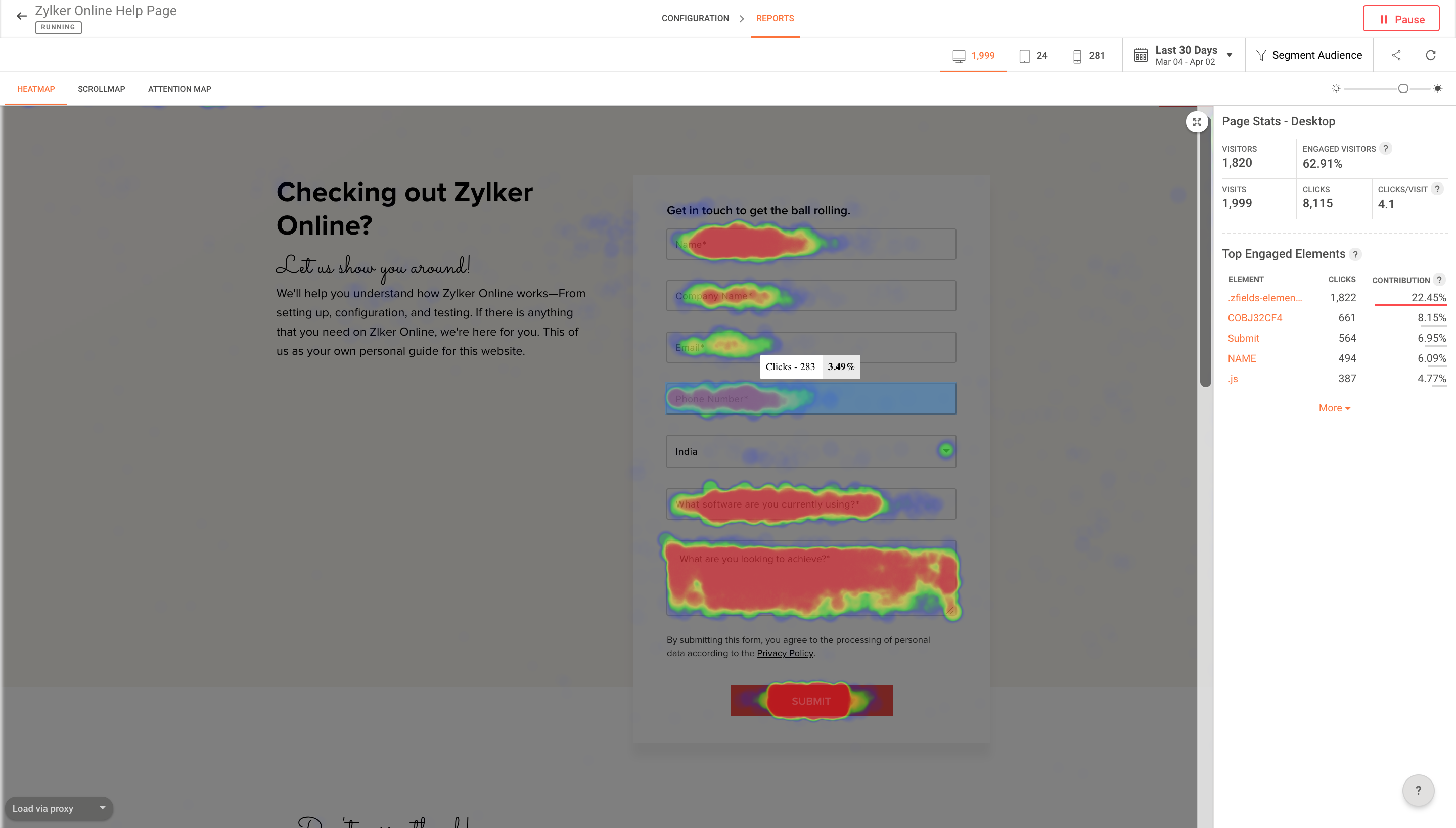 visual representation of heatmap report in pagesense