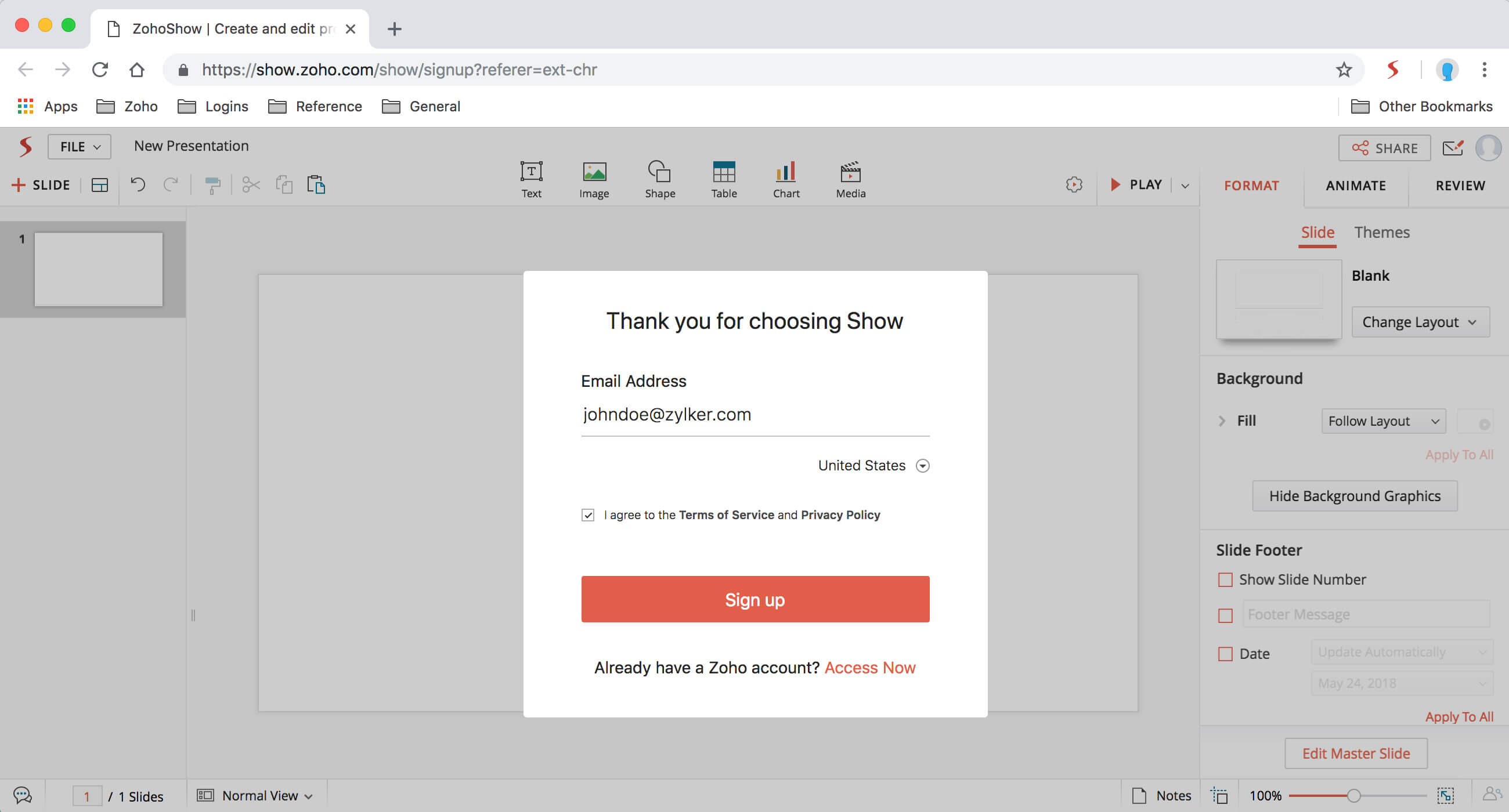 Enter your details in Zoho Show sign up form.