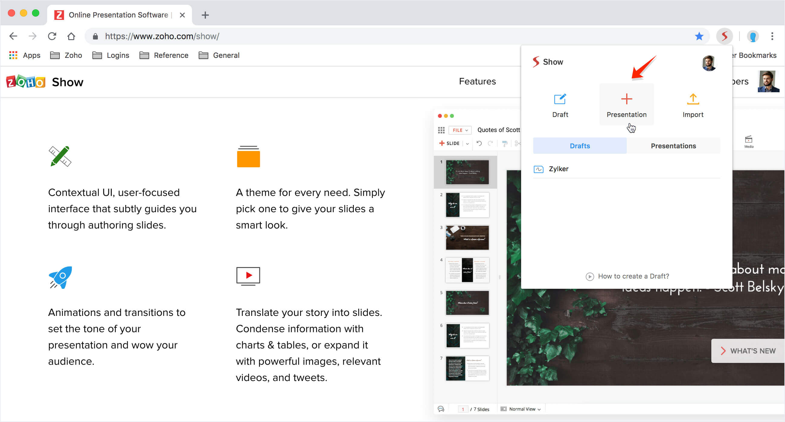 Create presentation from Zoho Show chrome extension.