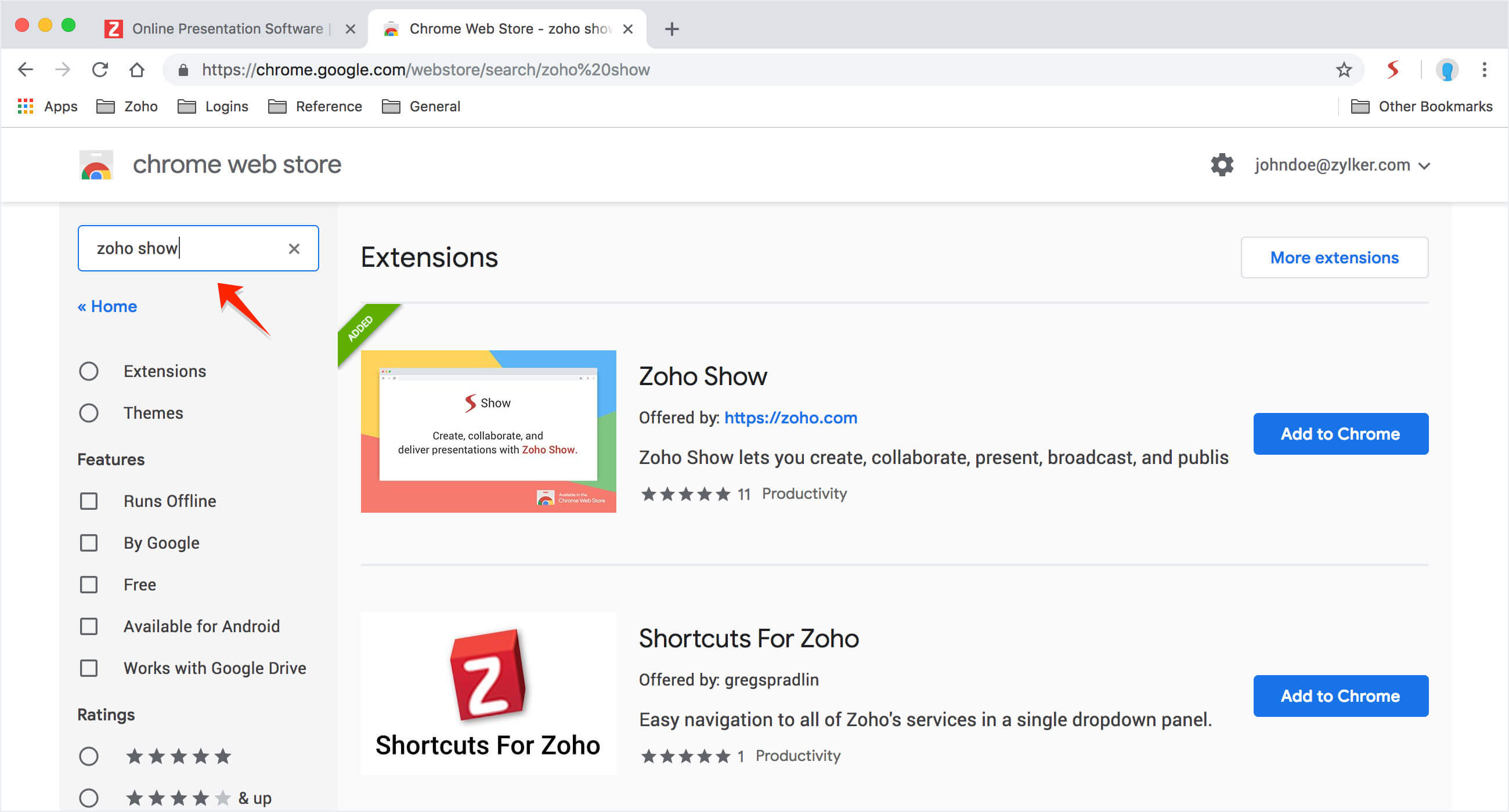 Search Zoho Show extension in Chrome web store