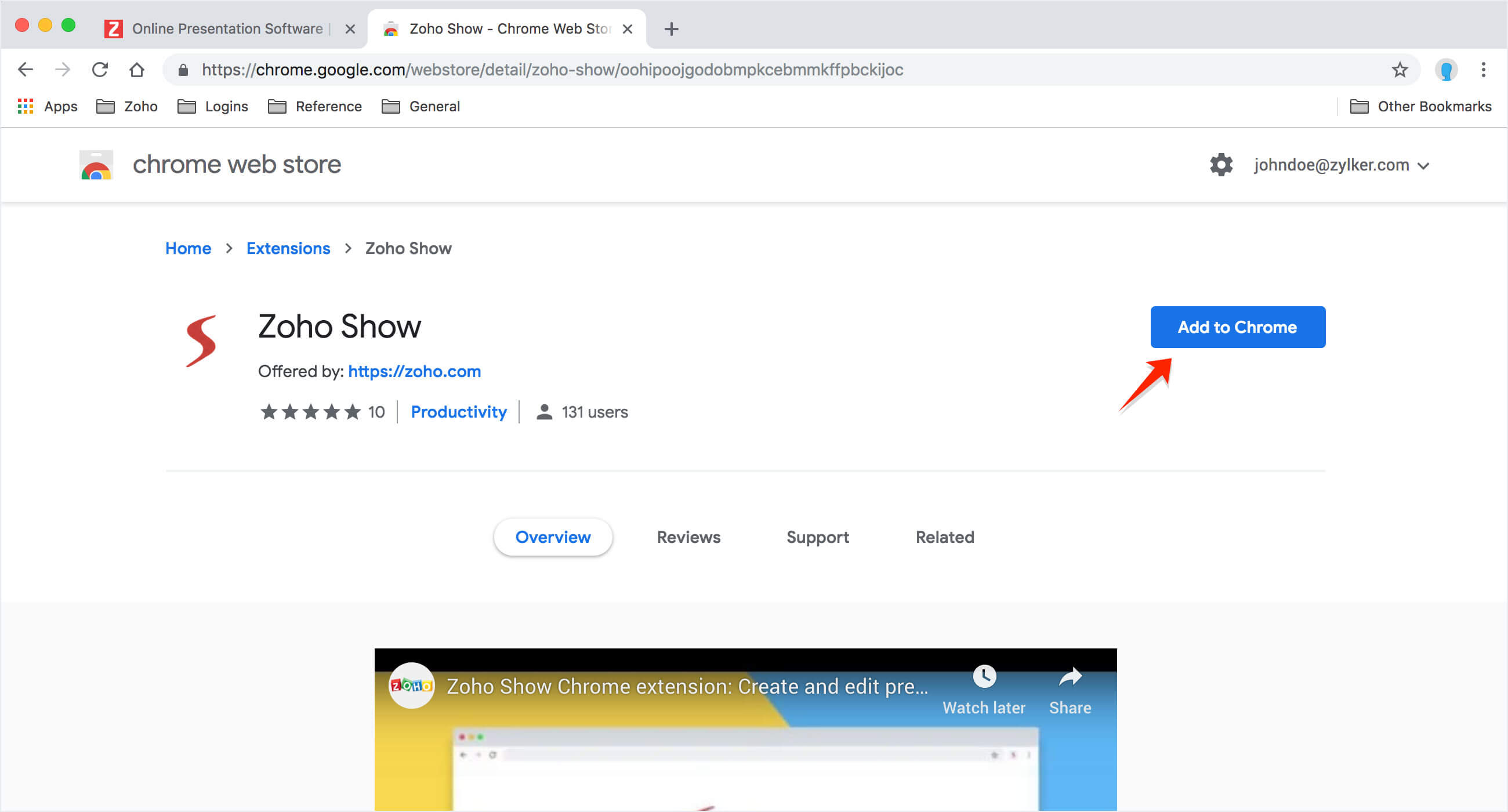 Choose Add to Chrome for Zoho Show extension