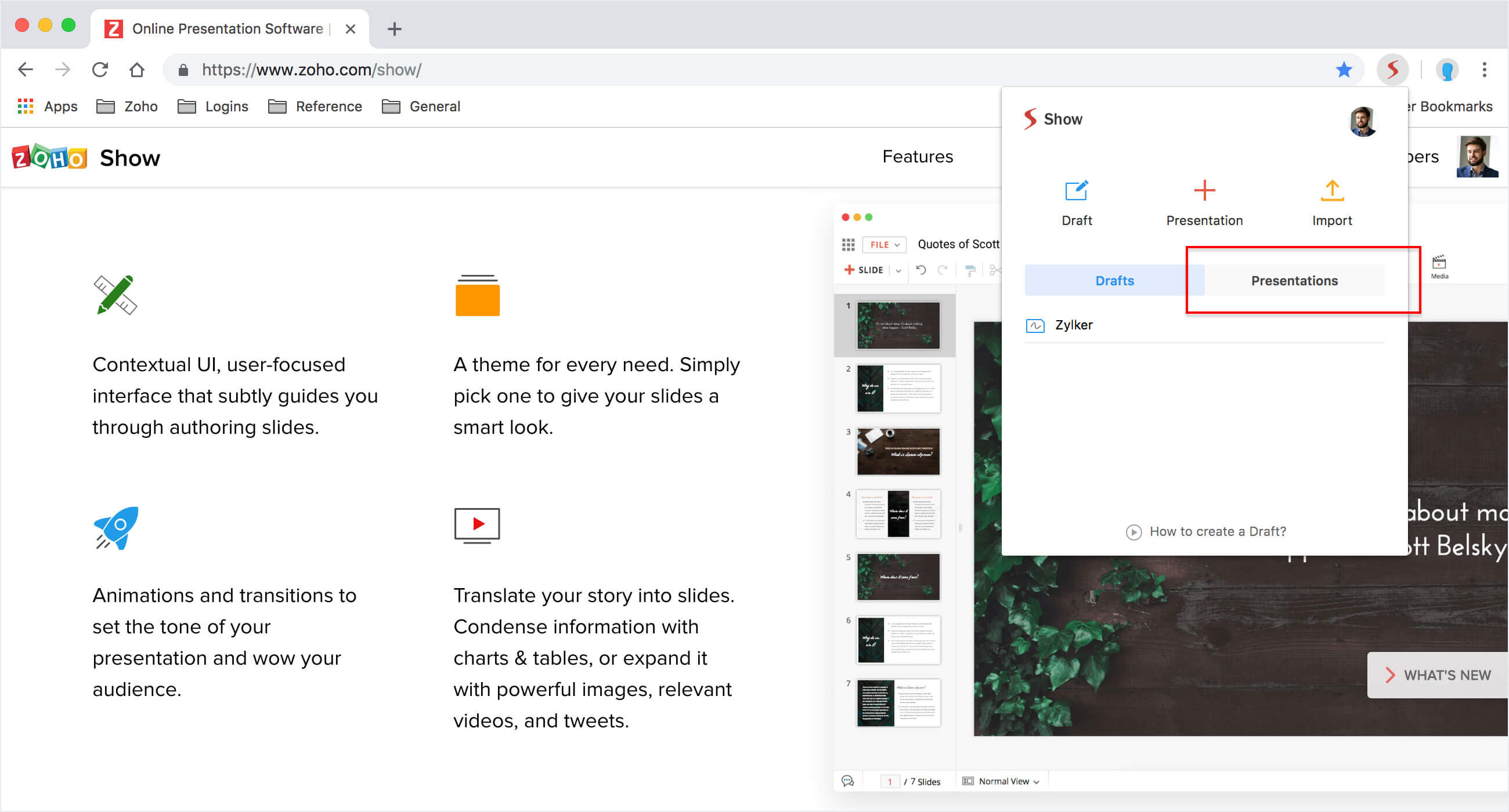 Presentations list in Zoho Show extension.