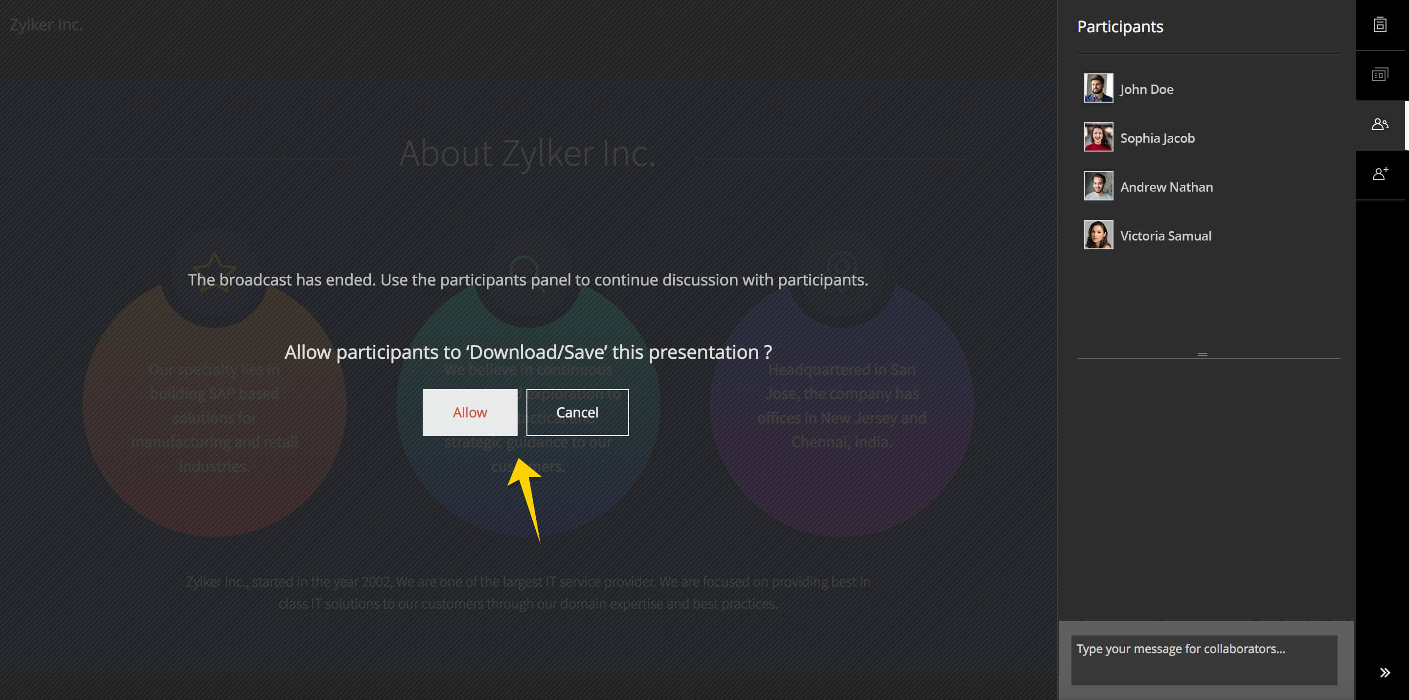 Allow participants to download presentation in Zoho Show broadcast
