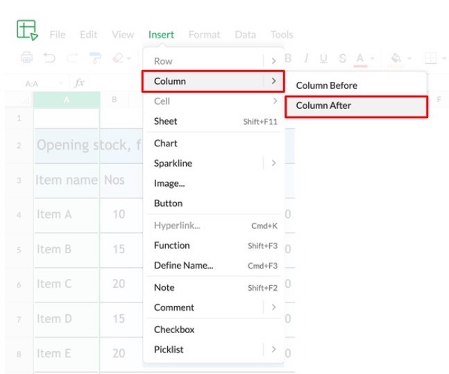 Insert a column in Zoho Sheet