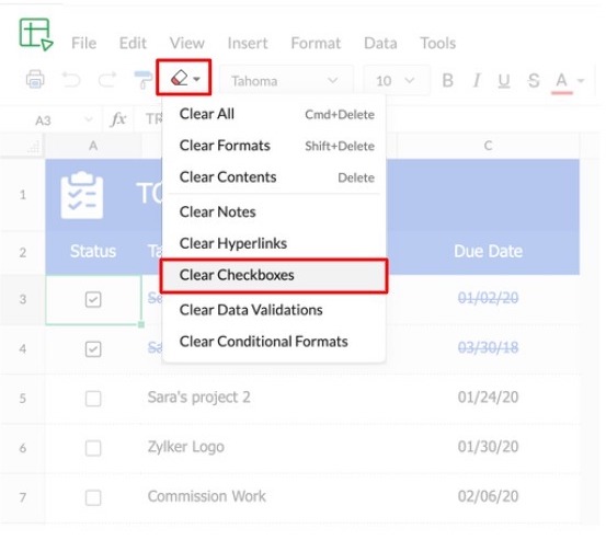 Clear checkboxes from spreadsheets