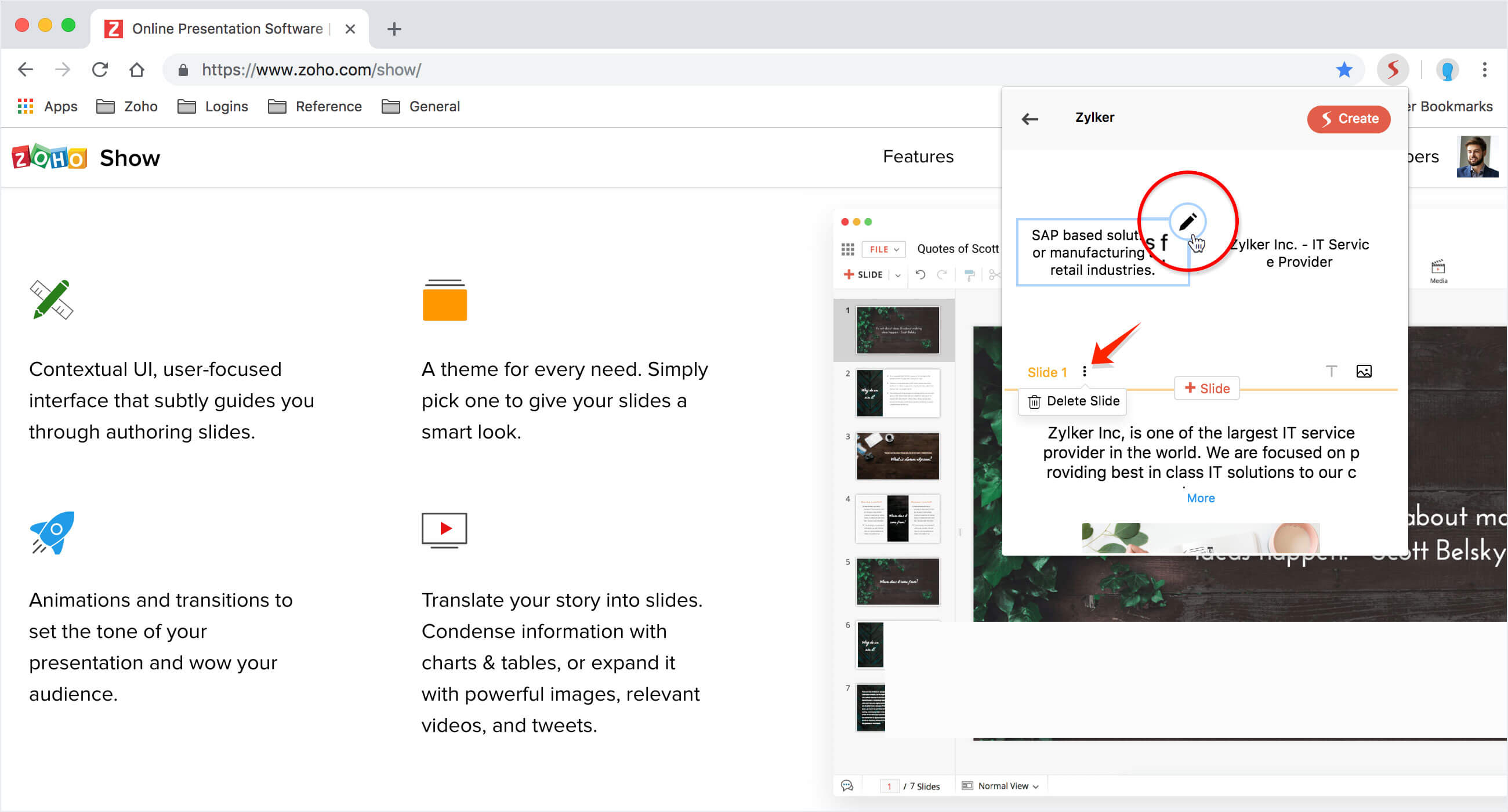 Edit or delete slides in Zoho Show extension