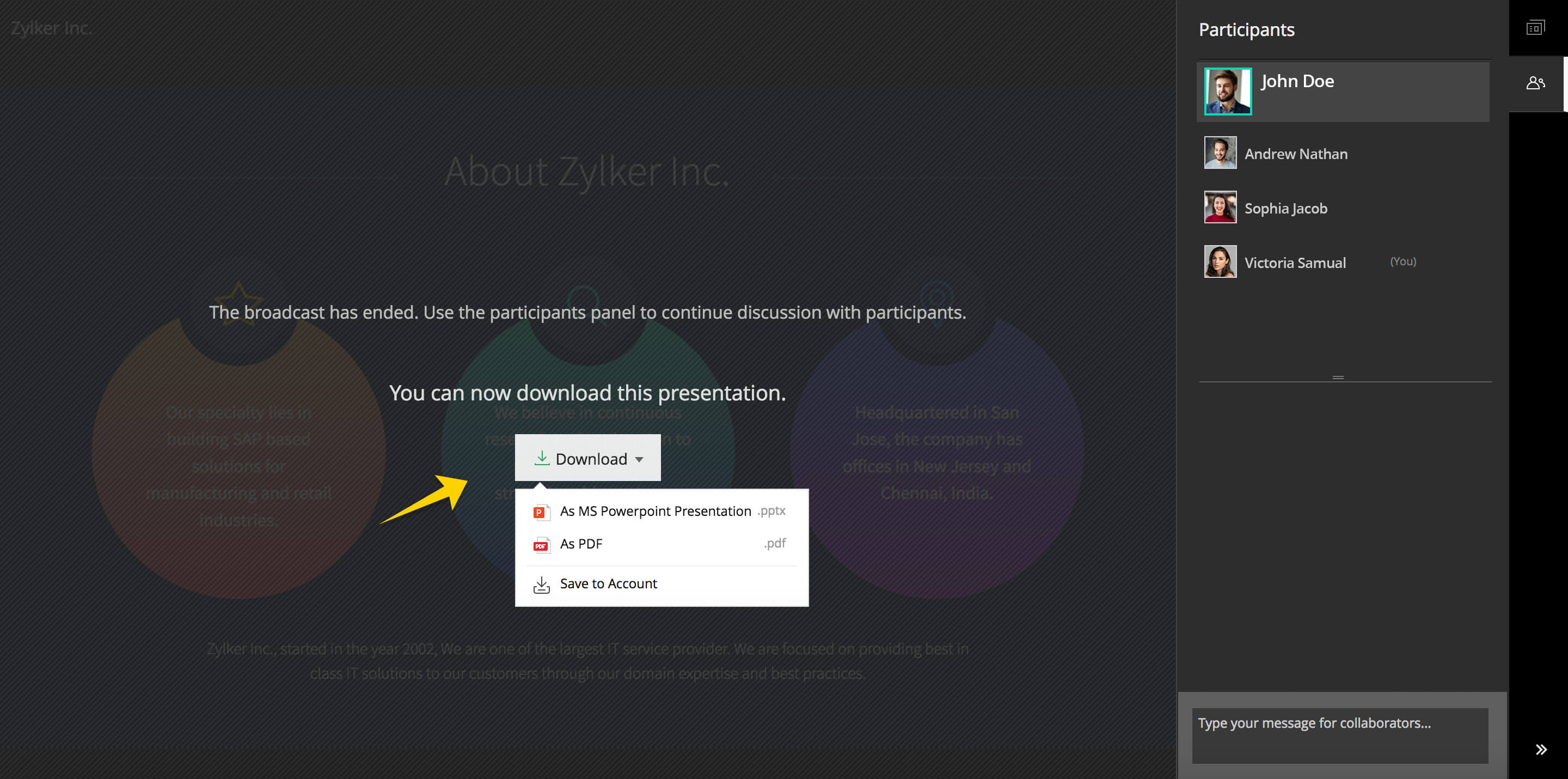 Download options for the participants in Zoho Show broadcast.