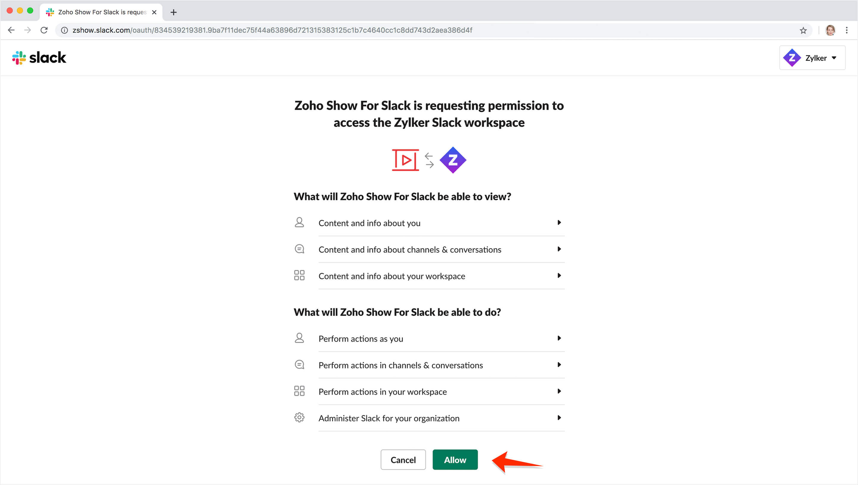 Authorizing Zoho Show from Slack workspace