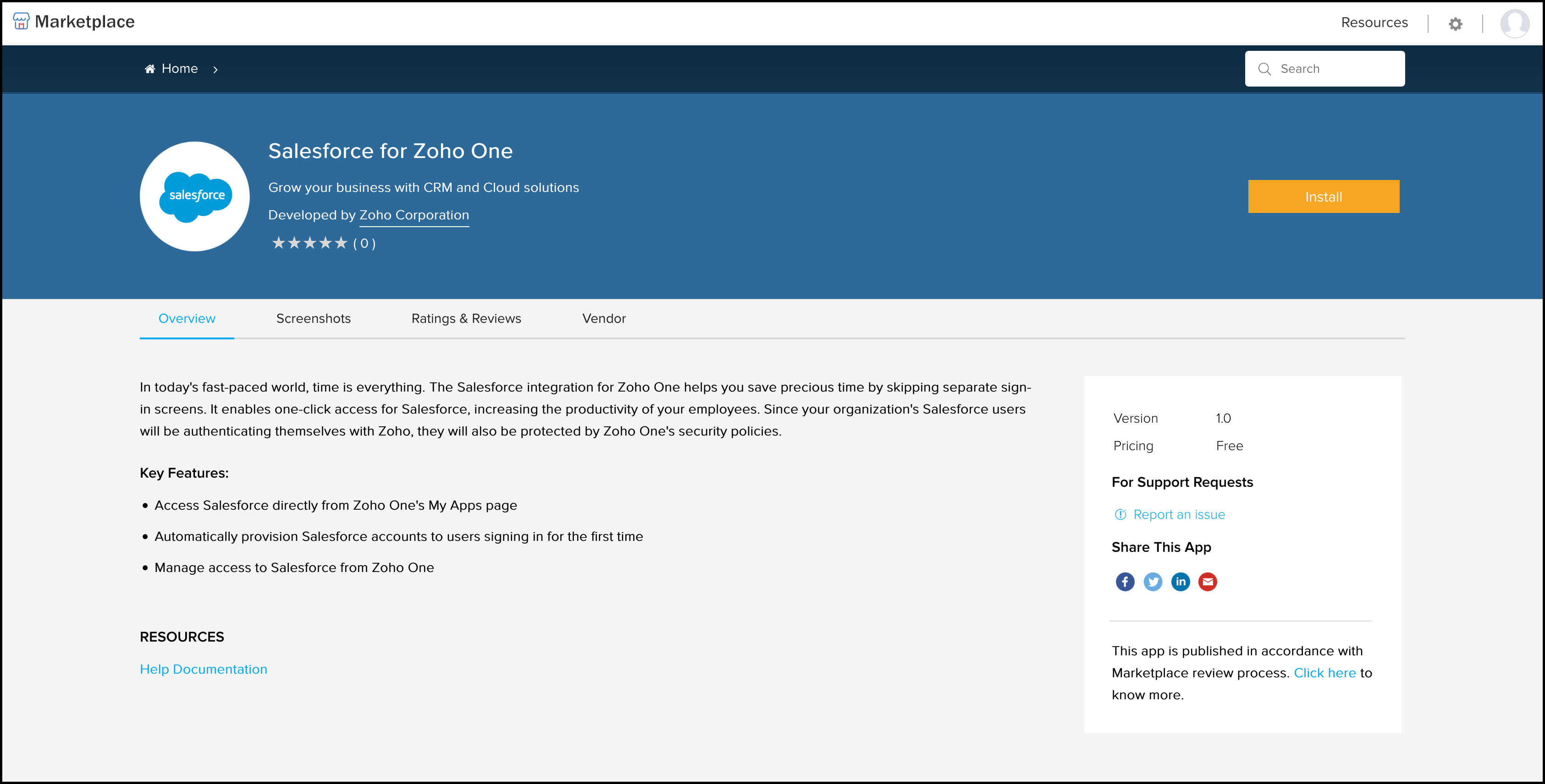 App installation page in Zoho Marketplace