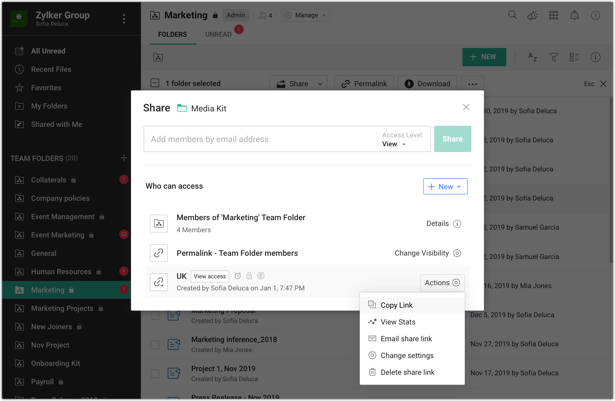 manage share link settings of a folder