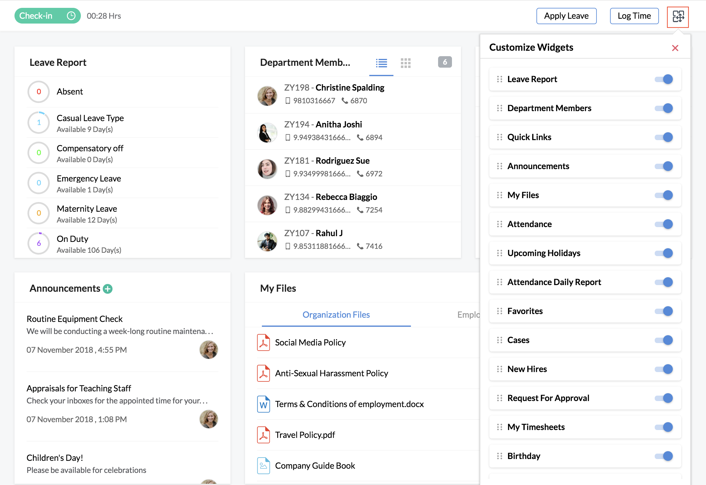 A sample layout of the employee dashboard