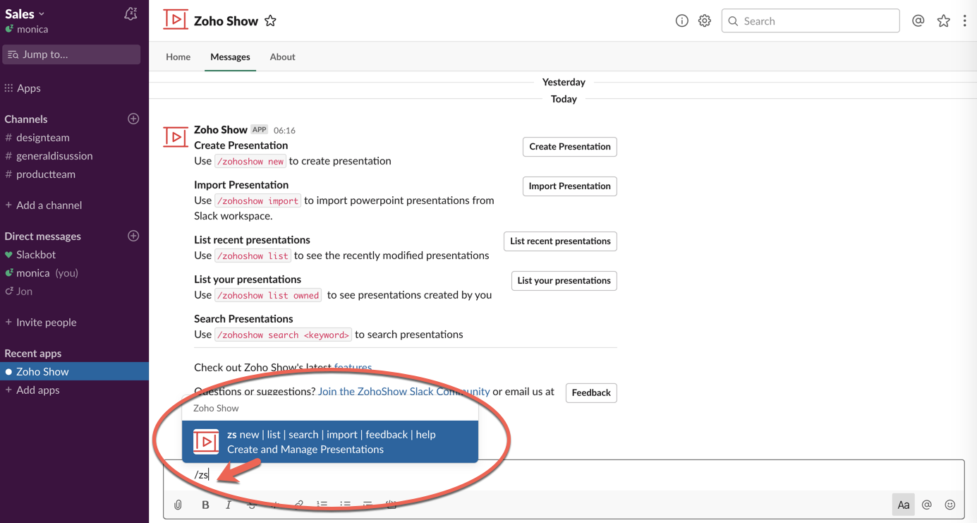 zoho show slash commands 