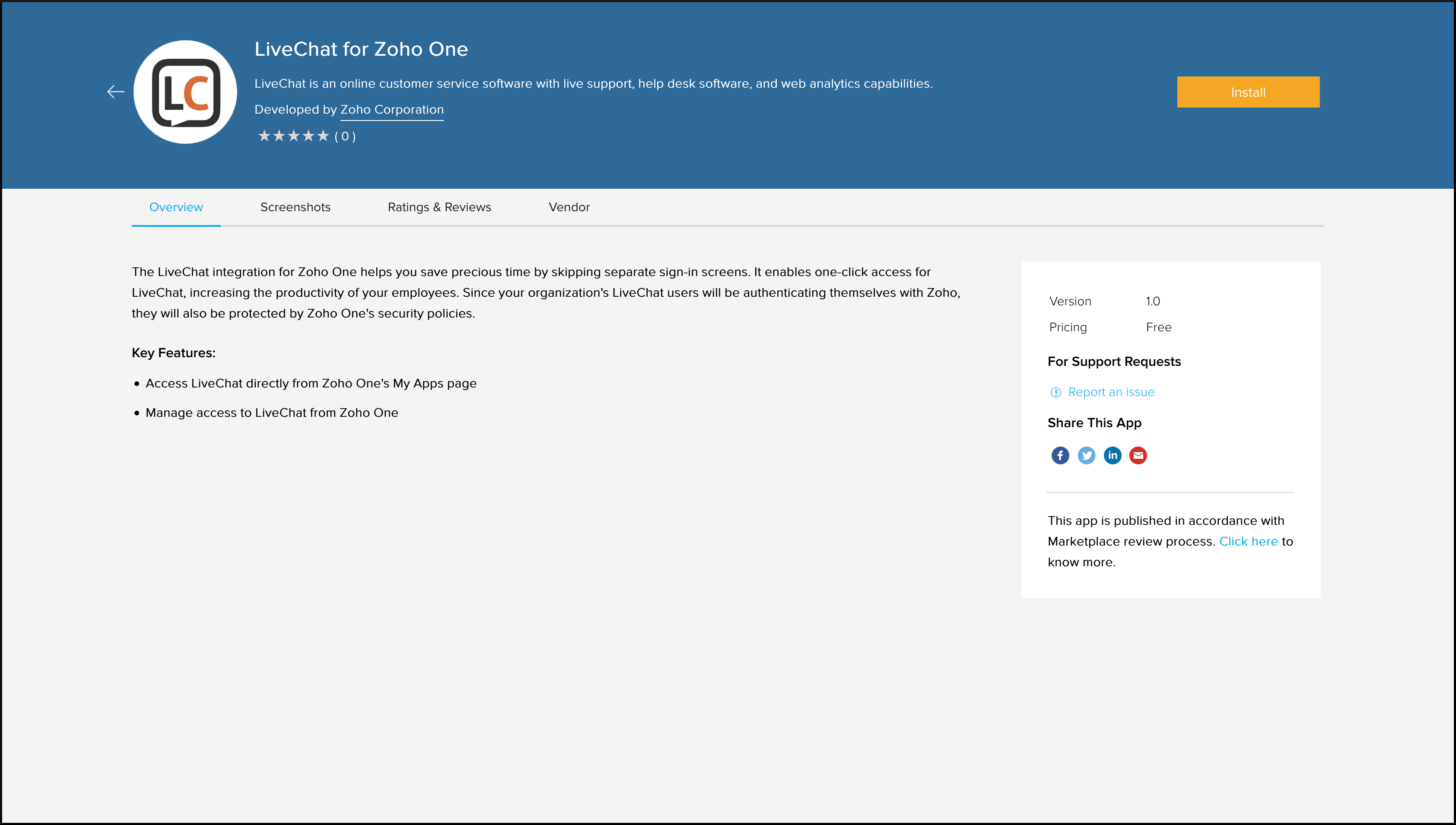 マーケットプレイスのLiveChat for Zoho Directoryのインストールページ