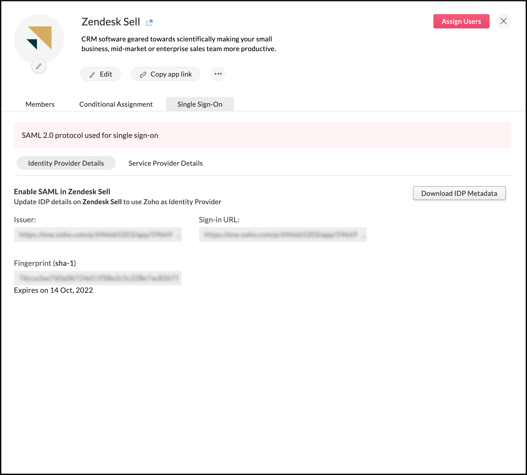Identity provider details needed to configure SAML in Zendesk Sell