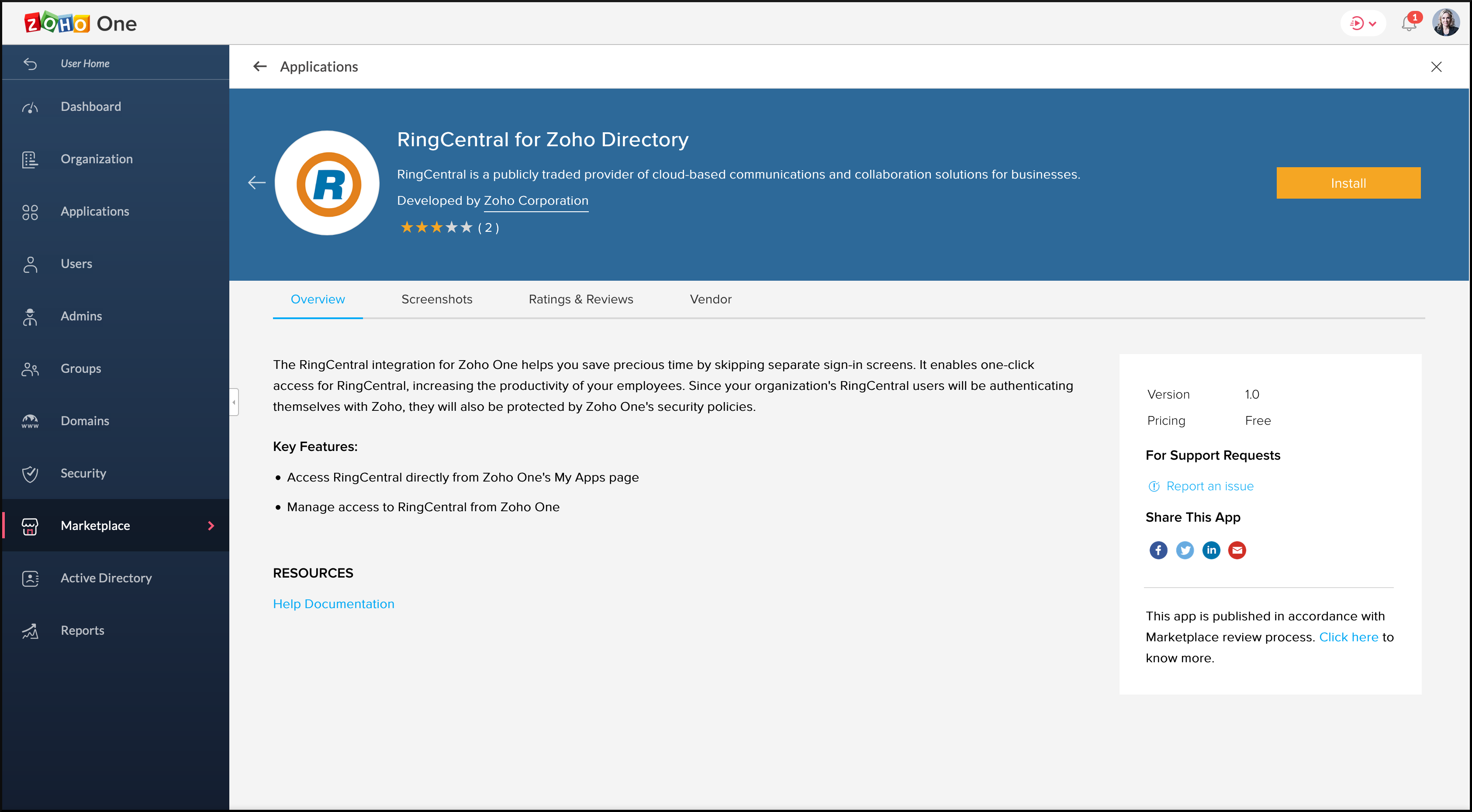 マーケットプレイスのRingCentral for Zoho Directoryのインストールページ