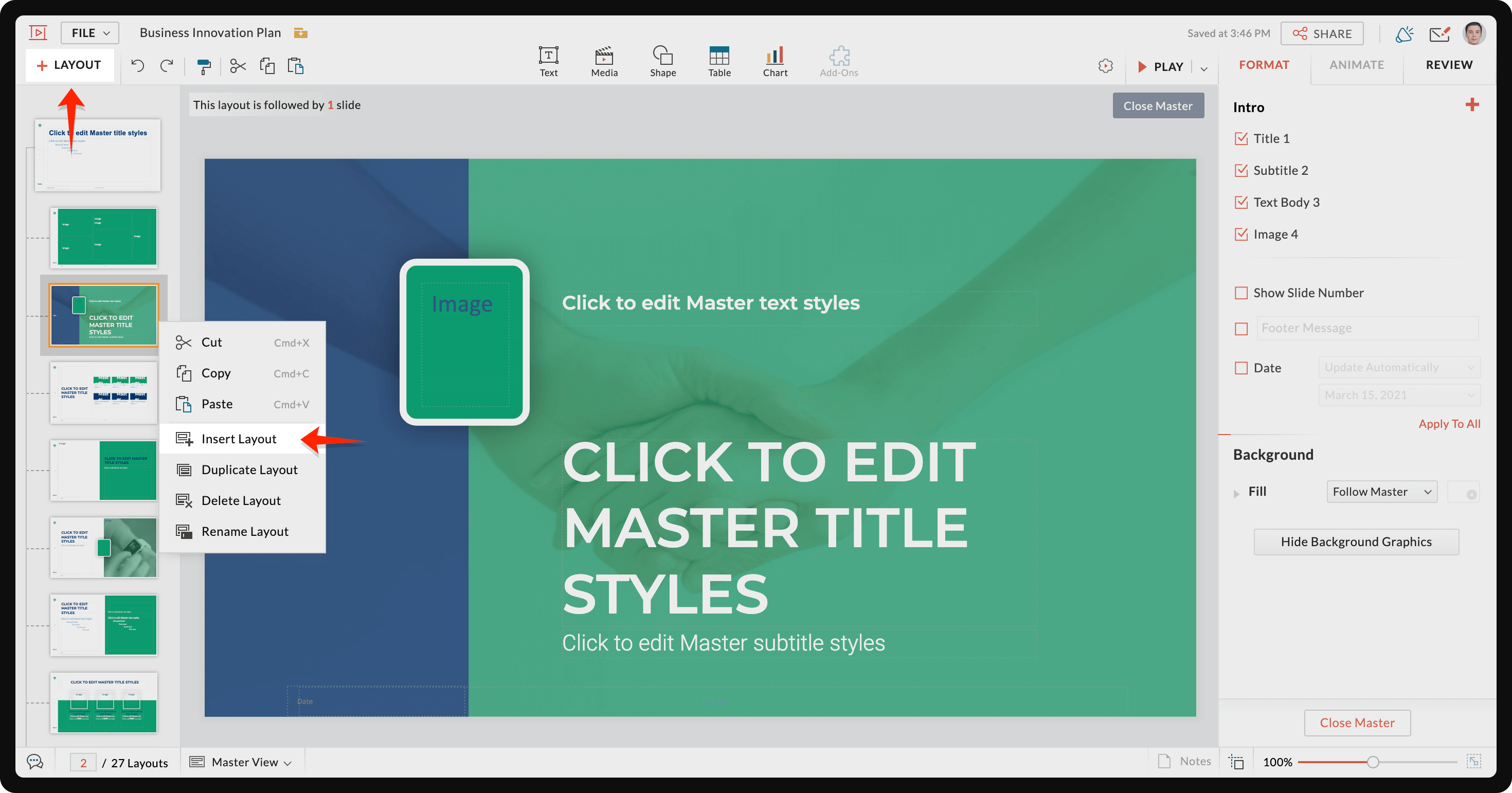 Insert a layout in the Master View 