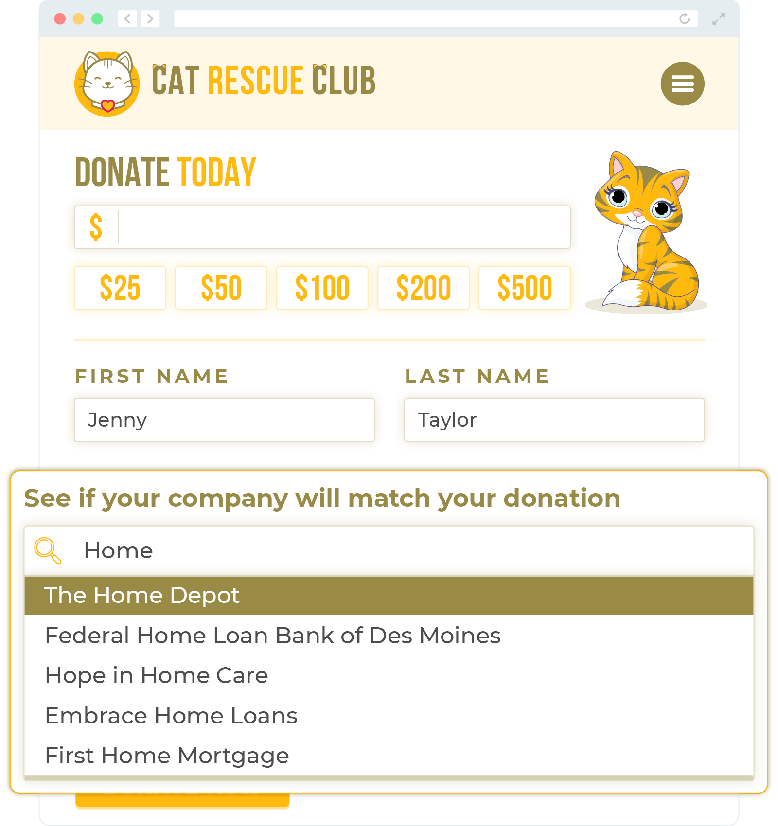 Donation Form Requirement 2 (streamlined search field must autocomplete donor-entered text)