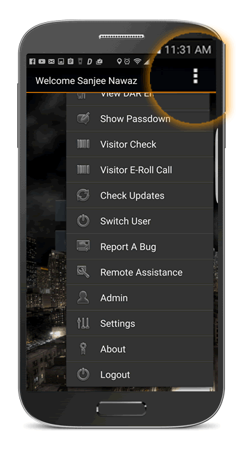 SOVA mobile user menu