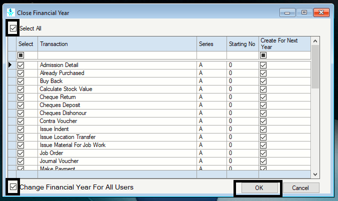 Select all and Change financial year for all users and press ok
