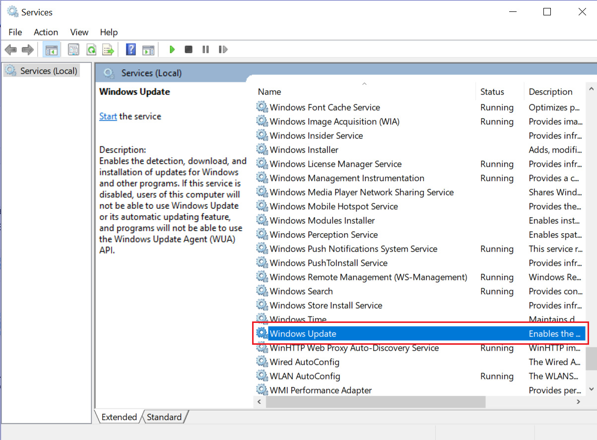 Screenshot of Services.msc window in Windows