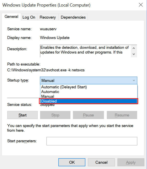 Screenshot showing Windows update service properties