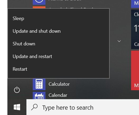 Screenshot of Windows 10 shutdown menu