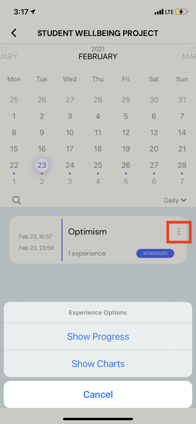 ExpiWell App interface showing a calendar