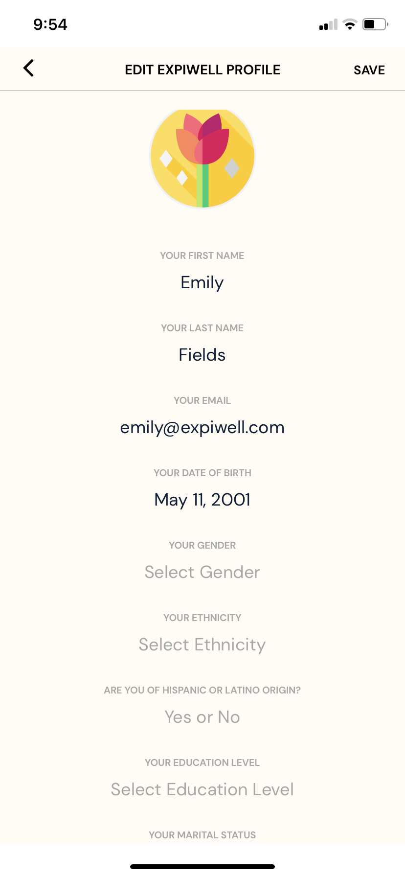 An edit your ExpiWell profile section