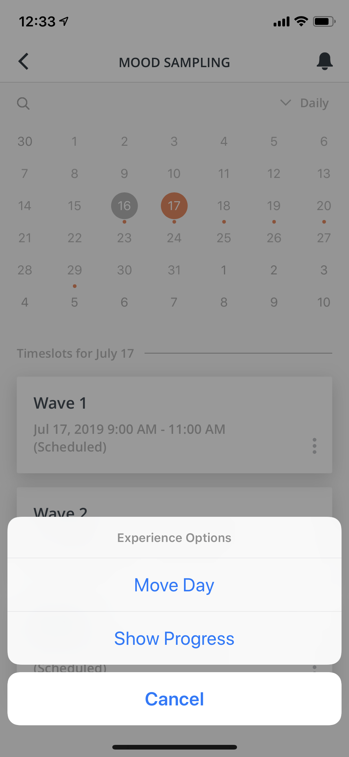 Experience option to move day or show progress