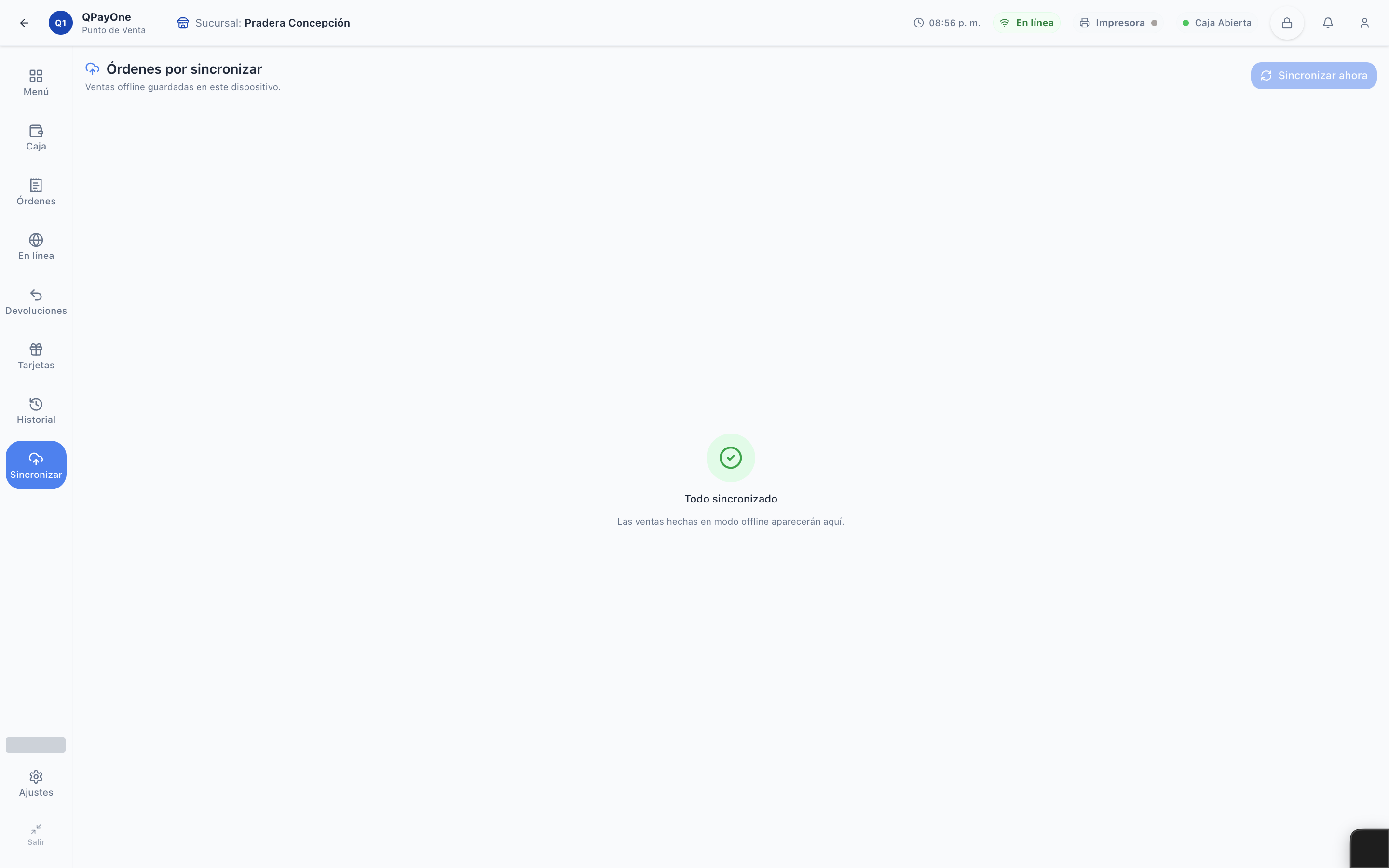 Tab Sincronizar mostrando Todo sincronizado sin ordenes offline pendientes