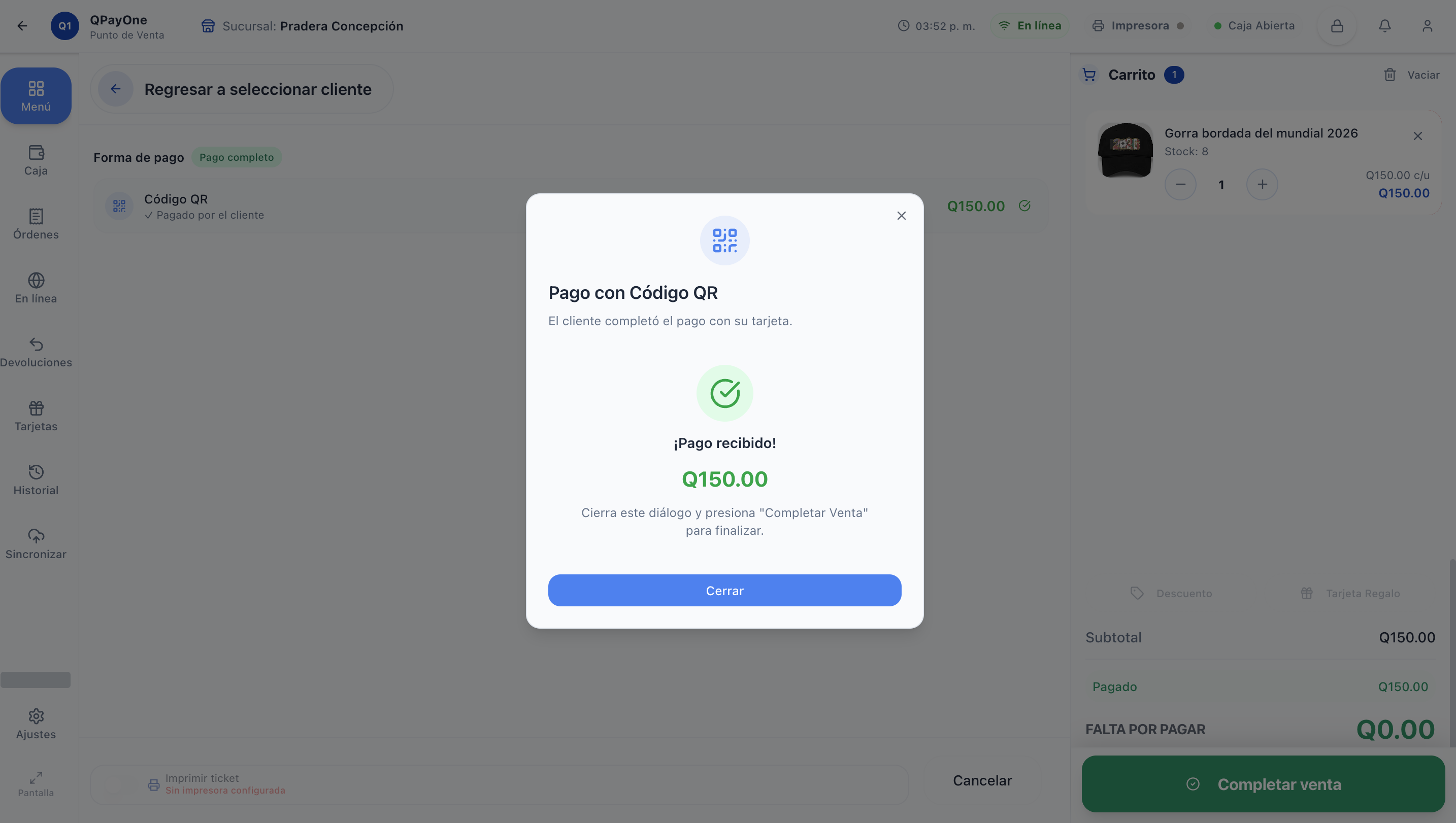 Modal de pago con codigo QR confirmando Pago recibido por Q150.00 en el POS