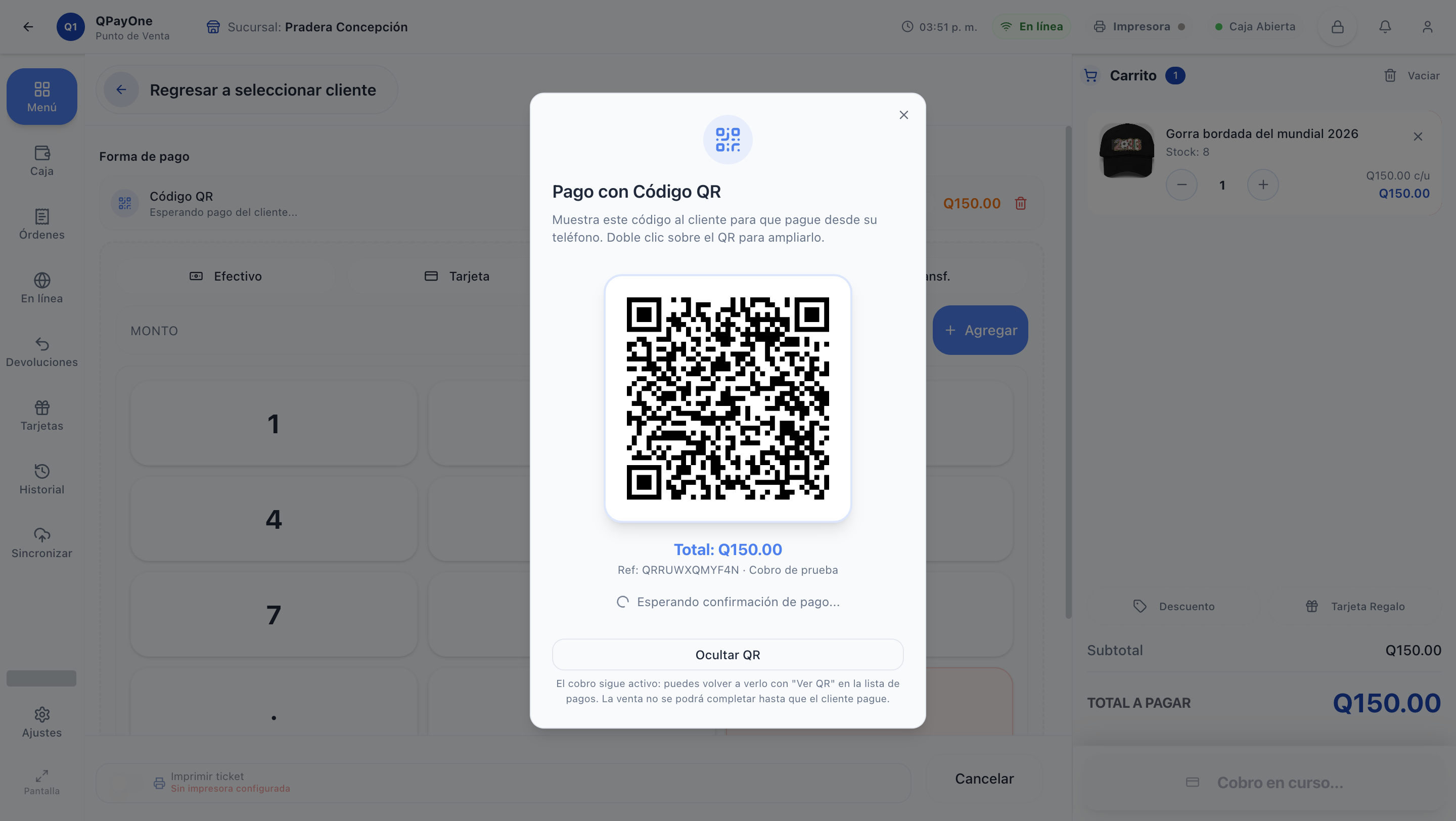 Ventana Pago con Codigo QR esperando confirmacion del cliente