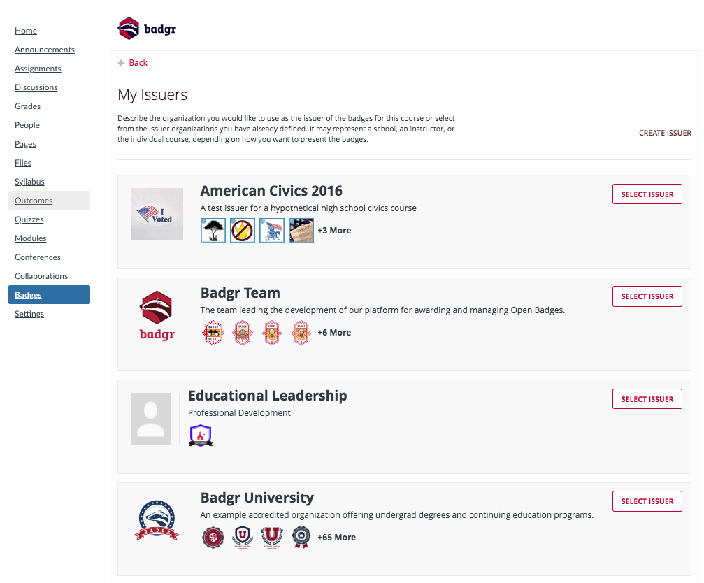 Canvas Badgr my issuers