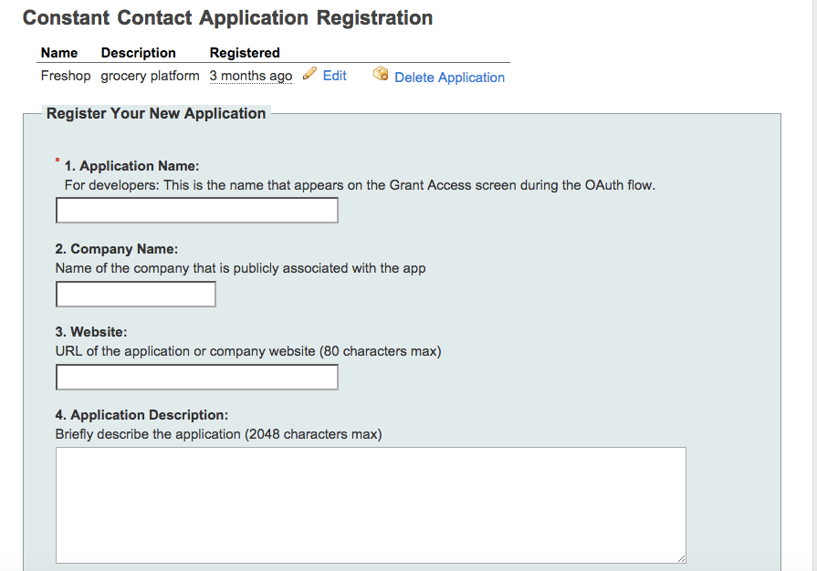 Constant Contact Application Registration page. 