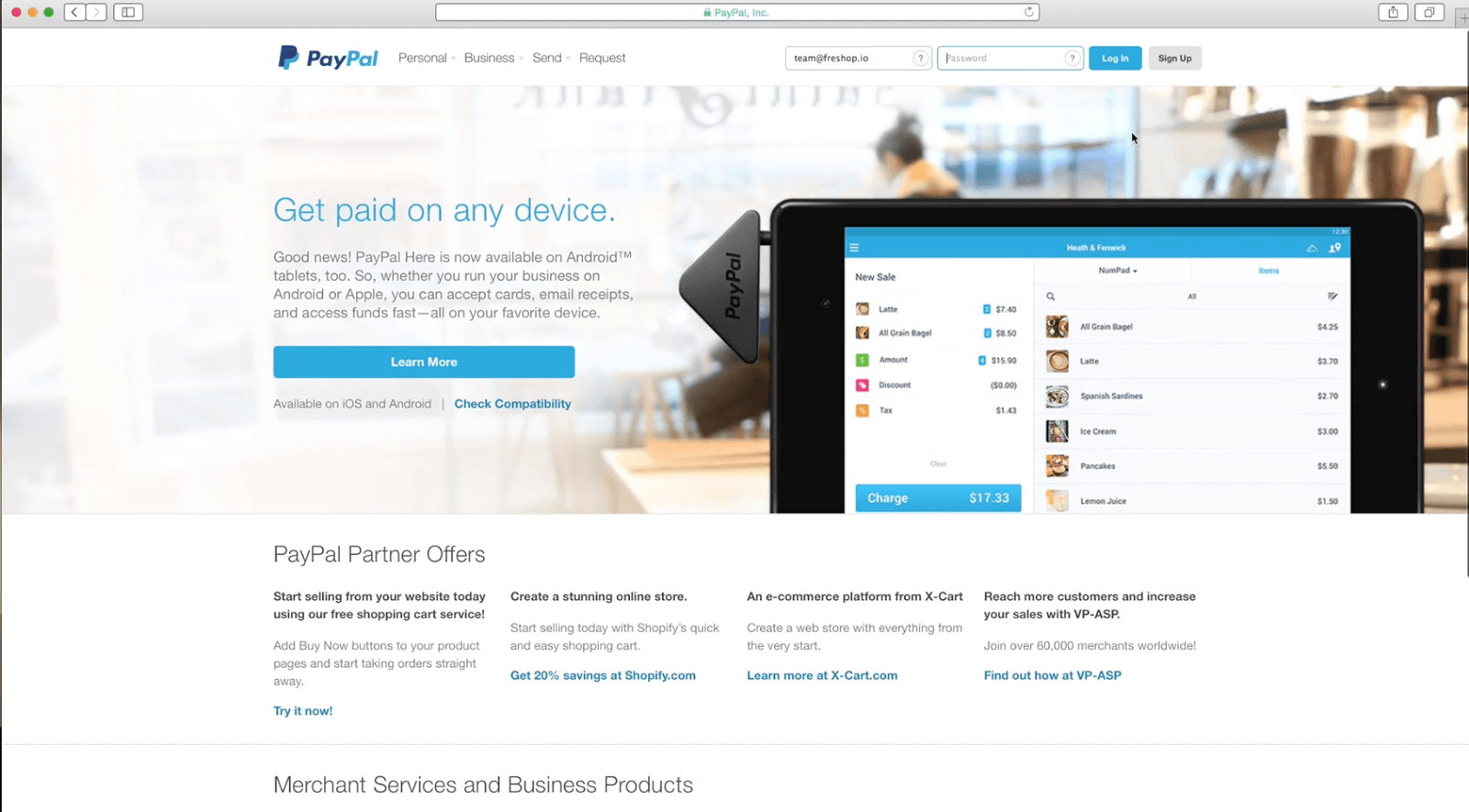 PayPal home page. 