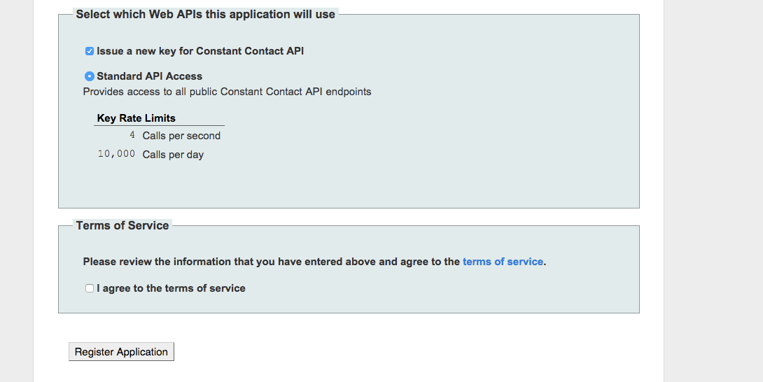 Constant Contact Application Registration page, continued. 