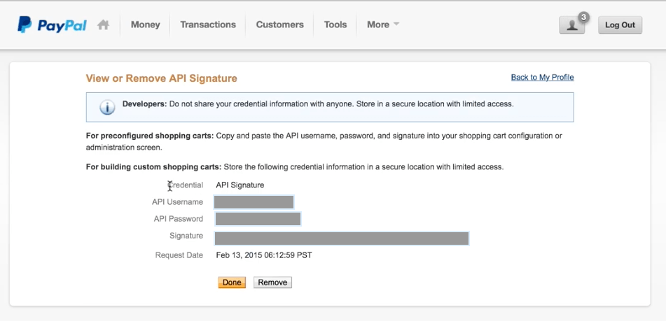View or Remove API Signature page, displaying API information. 