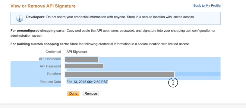 View or Remove API Signature page, displaying API information. Username, Password, Signature, and Request Date are highlighted. 