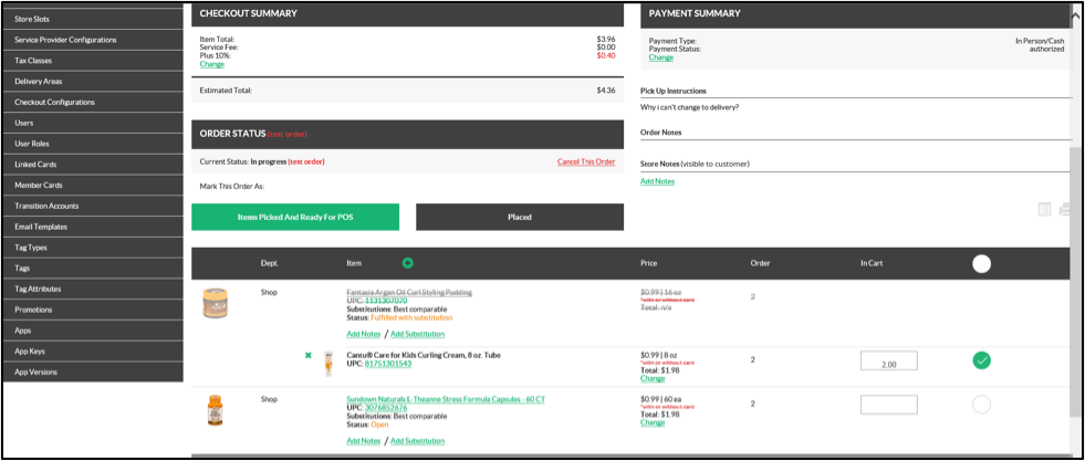 The order dashboard reflecting that an item has been picked, indicated by a green circle with a white check mark. 