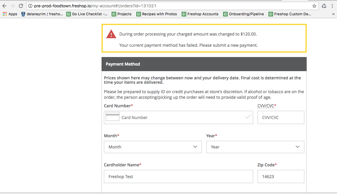 Alert message telling the user to input another payment method. 