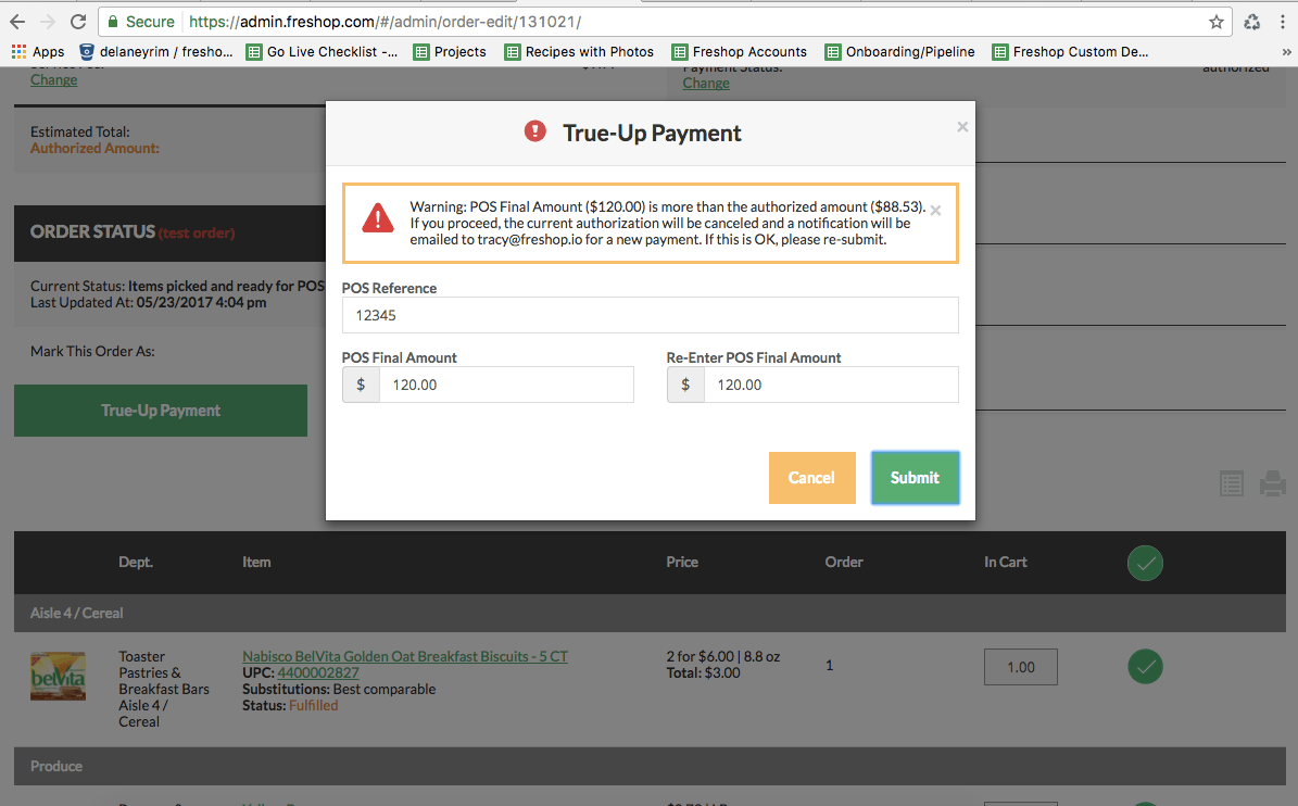 A warning pop up regarding True-Up Payment. 