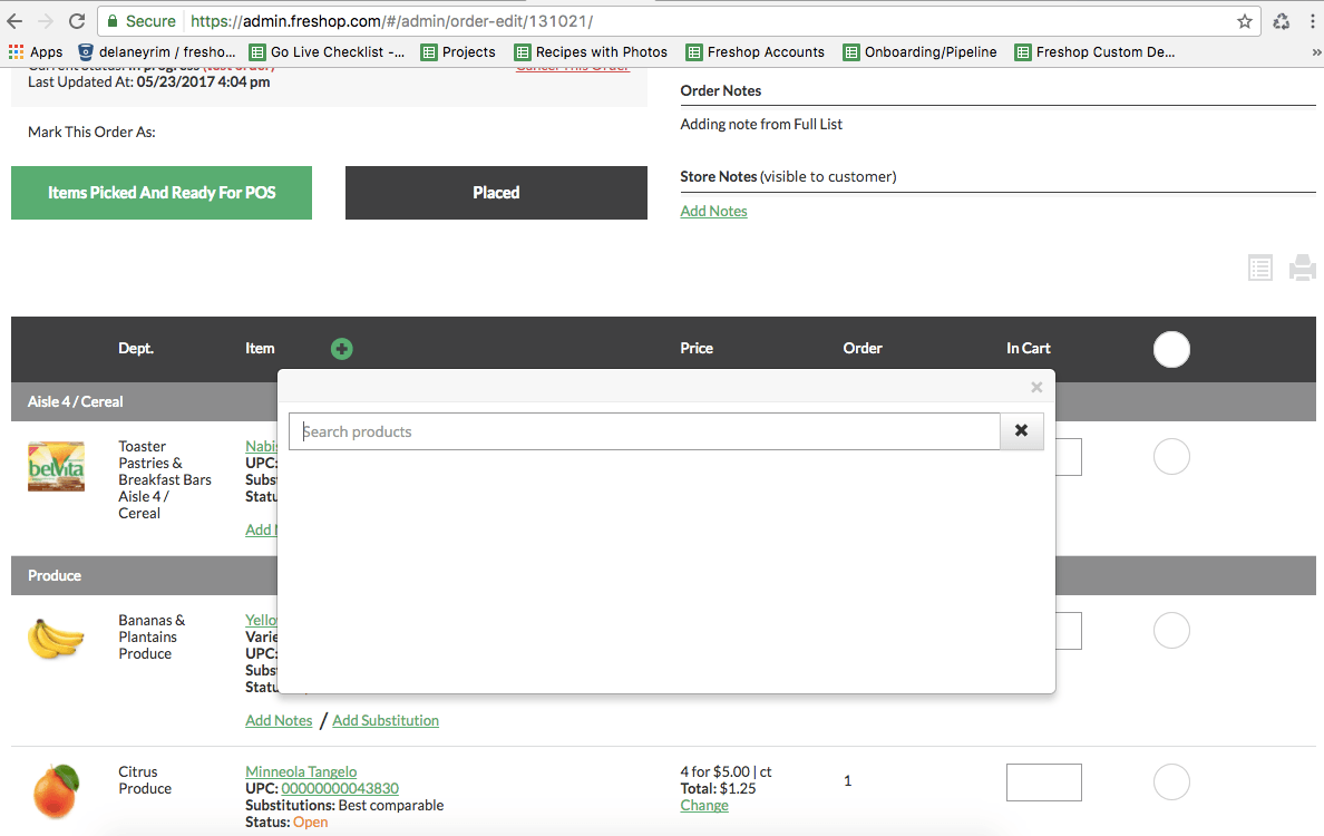 The order dashboard with a Search pop up for finding products in the order. 