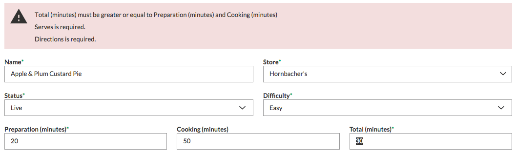 Error message showing incorrect or missing information in required fields. 