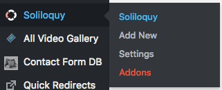 Side navigation menu with Soliloquy selected, revealing a drop down menu. 