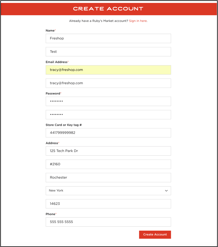 Filled in Create Account customer page.