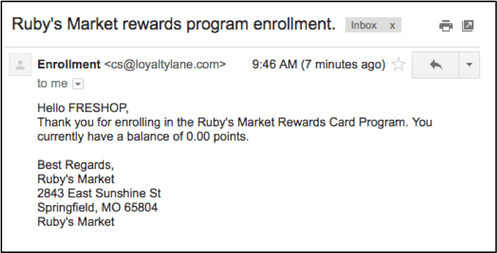 Enrollment email from Loyalty Lane.